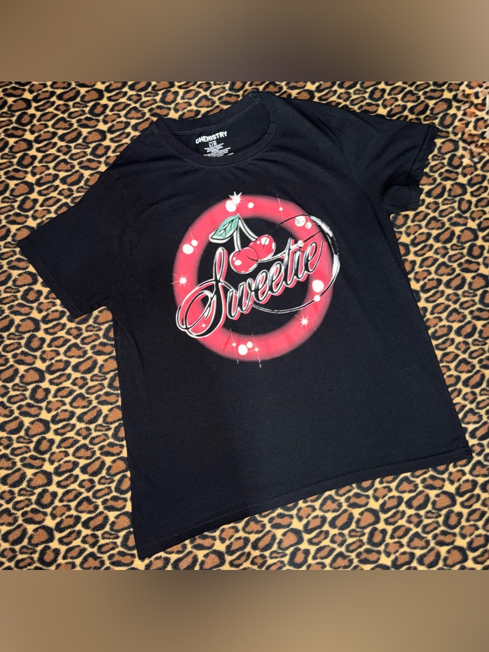 Chemistry Sweetie Cherry Graphic Black T-Shirt Size Large